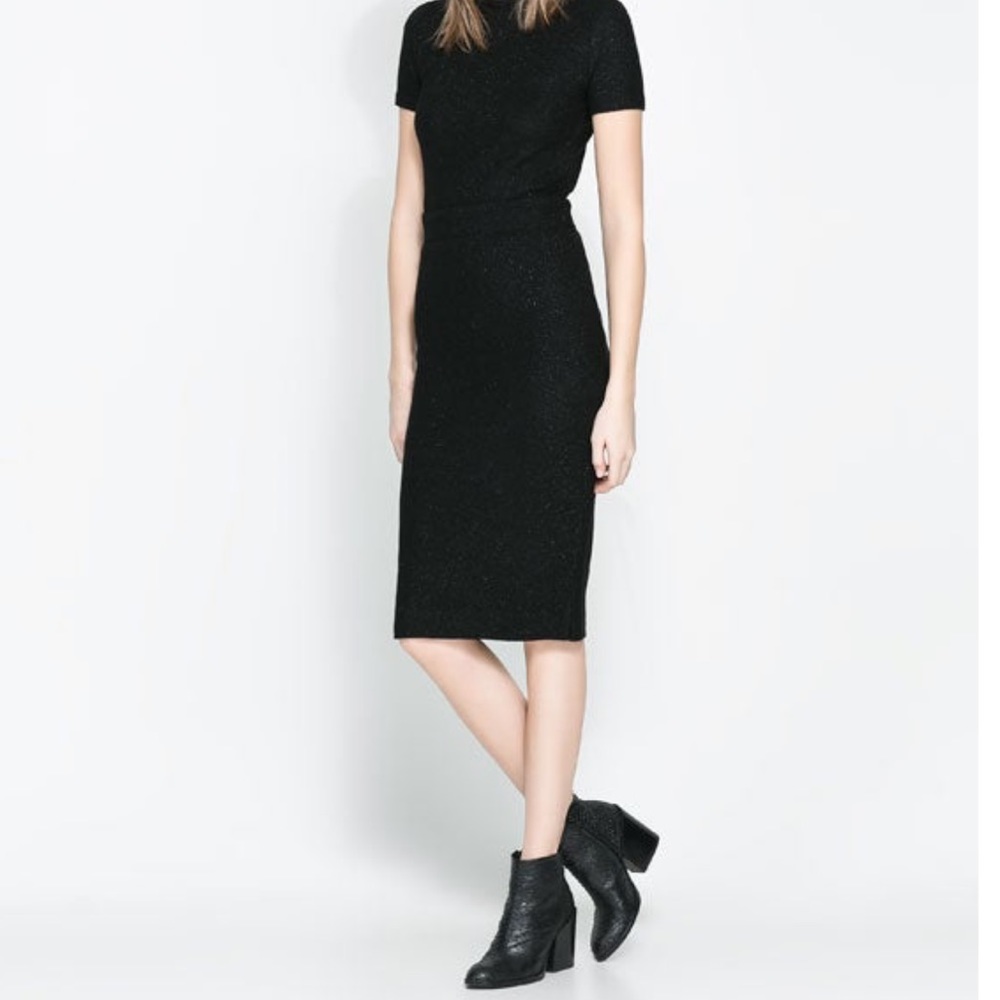 ZARA BLACK SHIMMER KNITTED OPEN V BACK MIDI DRESS